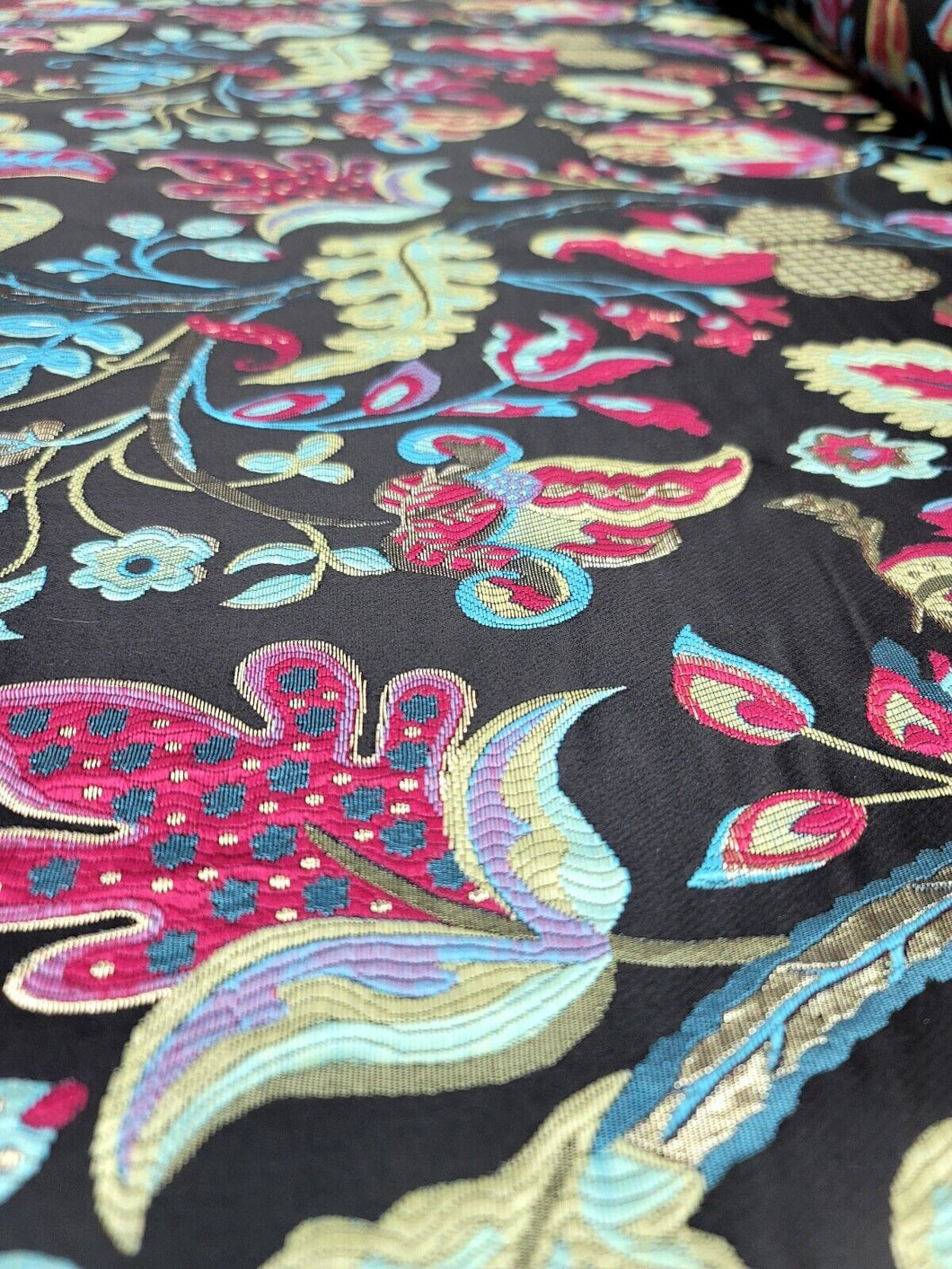 Fabric Sold By The Yard Black Brocade Multicolor Floral FUCHSIA BLUE GREEN