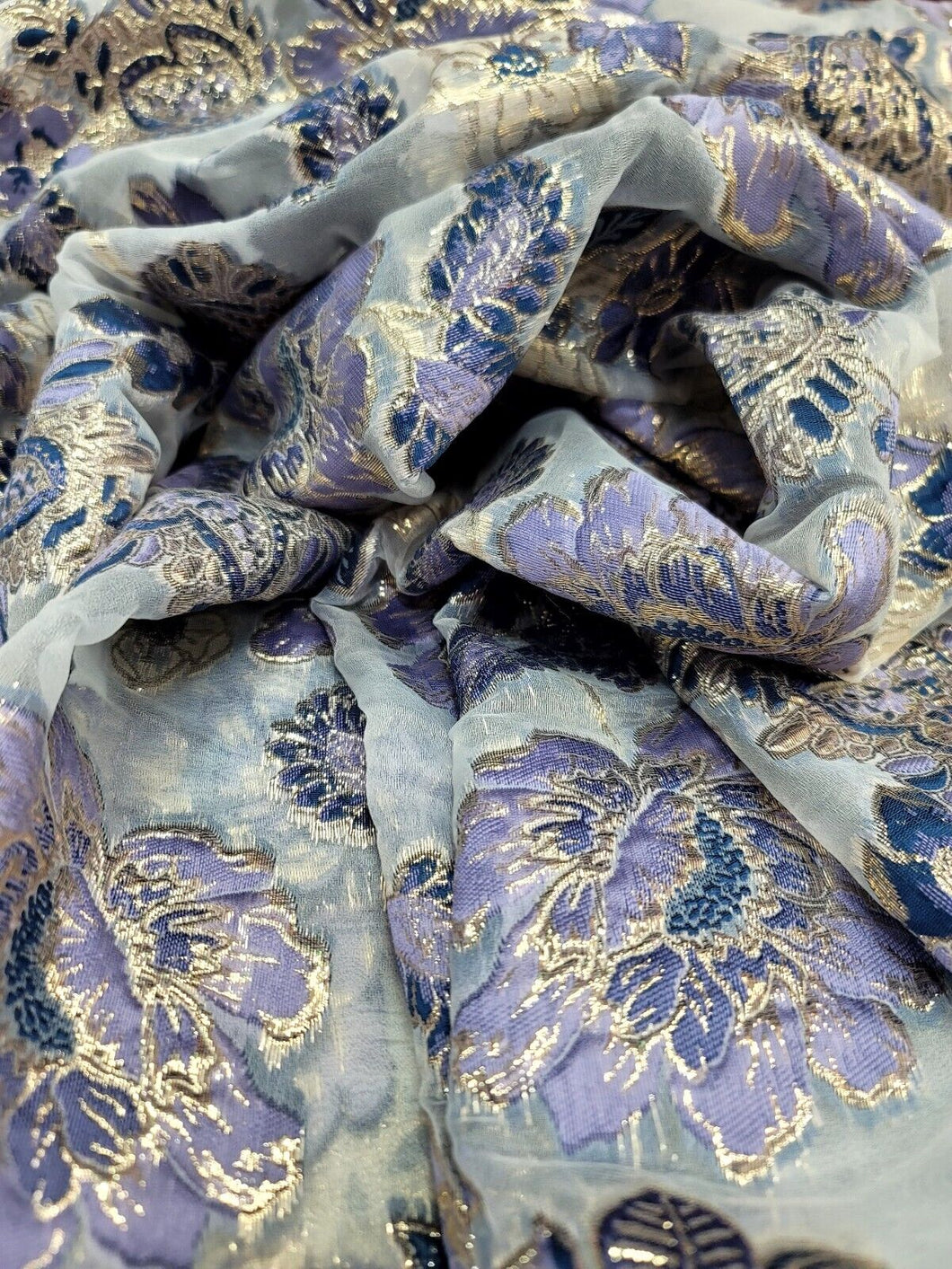 LAVENDER GOLD Floral Brocade Fabric By The Yard SHEER CLEAR ORGANZA FOR DRESS
