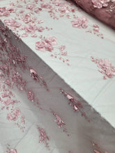 Load image into Gallery viewer, Fabric Sold By The Yard 3d Floral Lace Dusty Rose Embroidery PEARLS Bridal Quinc
