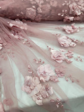 Load image into Gallery viewer, Fabric Sold By The Yard 3d Floral Lace Dusty Rose Embroidery PEARLS Bridal Quinc
