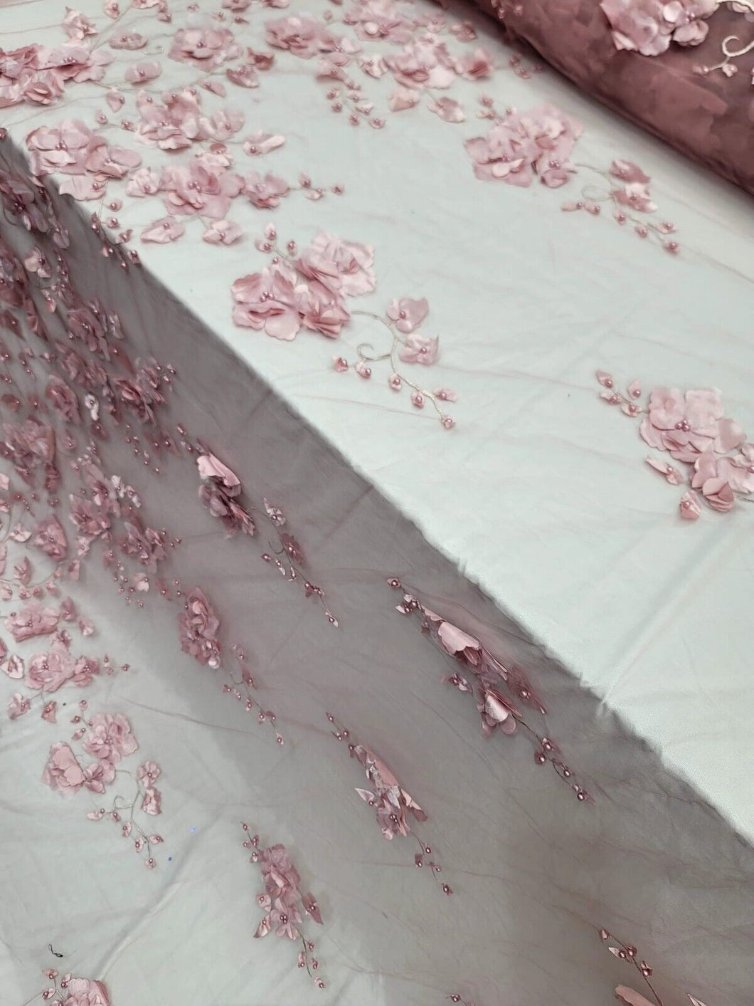 Fabric Sold By The Yard 3d Floral Lace Dusty Rose Embroidery PEARLS Bridal Quinc