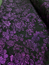 Load image into Gallery viewer, METALLIC Purple Embossed Floral Brocade Fabric By the Yard BLACK BACKGROUND
