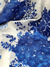 Load image into Gallery viewer, ROYAL BLUE Floral Brocade Fabric Sold By The Yard WHITE FRENCH ORGANZA BRIDAL
