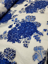 Load image into Gallery viewer, ROYAL BLUE Floral Brocade Fabric Sold By The Yard WHITE FRENCH ORGANZA BRIDAL
