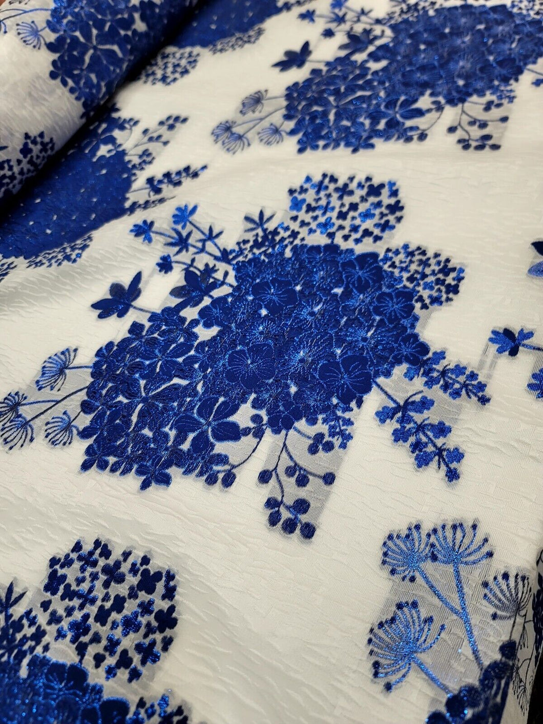 ROYAL BLUE Floral Brocade Fabric Sold By The Yard WHITE FRENCH ORGANZA BRIDAL
