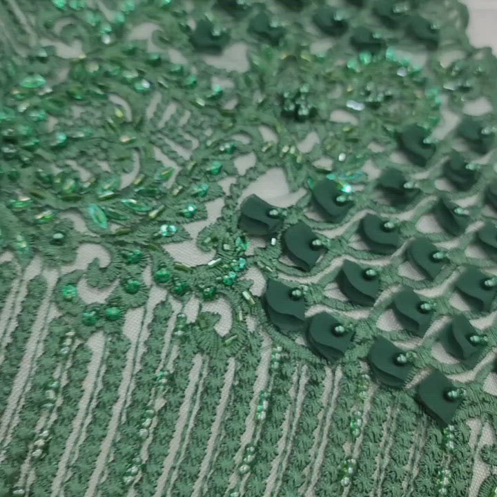 Hunter Green Beaded Lace Fabric By The Yard 3d Chiffon Flowers
