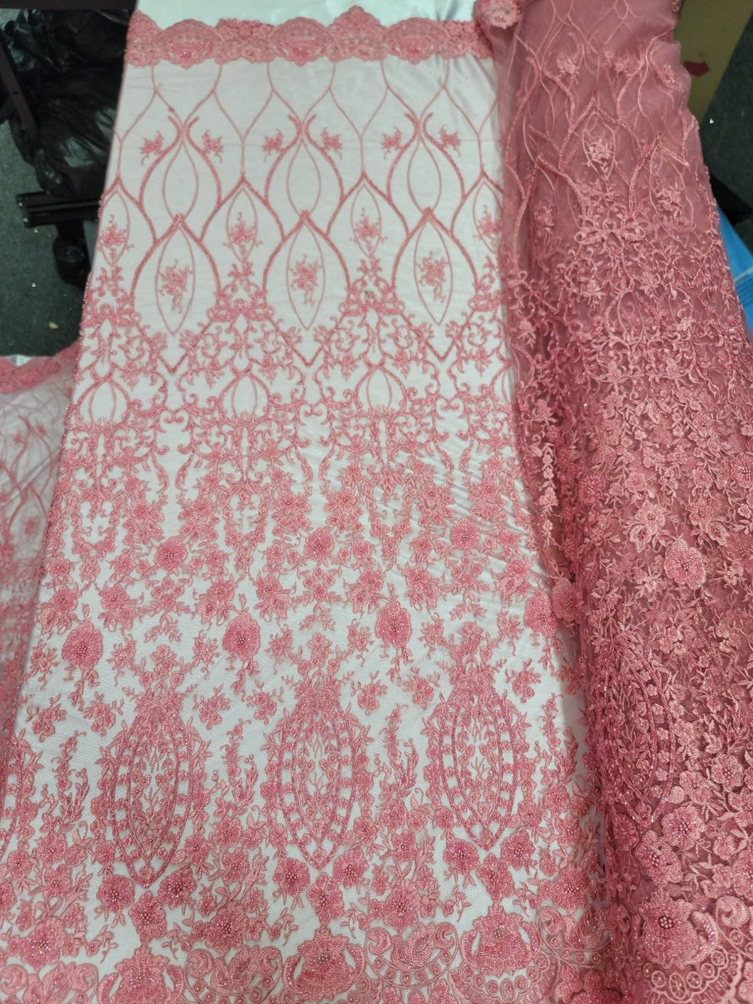 Fabric Sold by The Yard Coral Beaded Embroidery Lace Sequin On Mesh Evening Bridal Quinceañera Gown Prom Sweet Sixteen Fabric