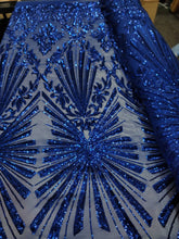 Load image into Gallery viewer, Fabric Sold by the Yard Royal Blue Sequin Lace Embroidery Sequin Geometric Mesh Prom Evening Bridal Gown Quinceañera Sweet 16

