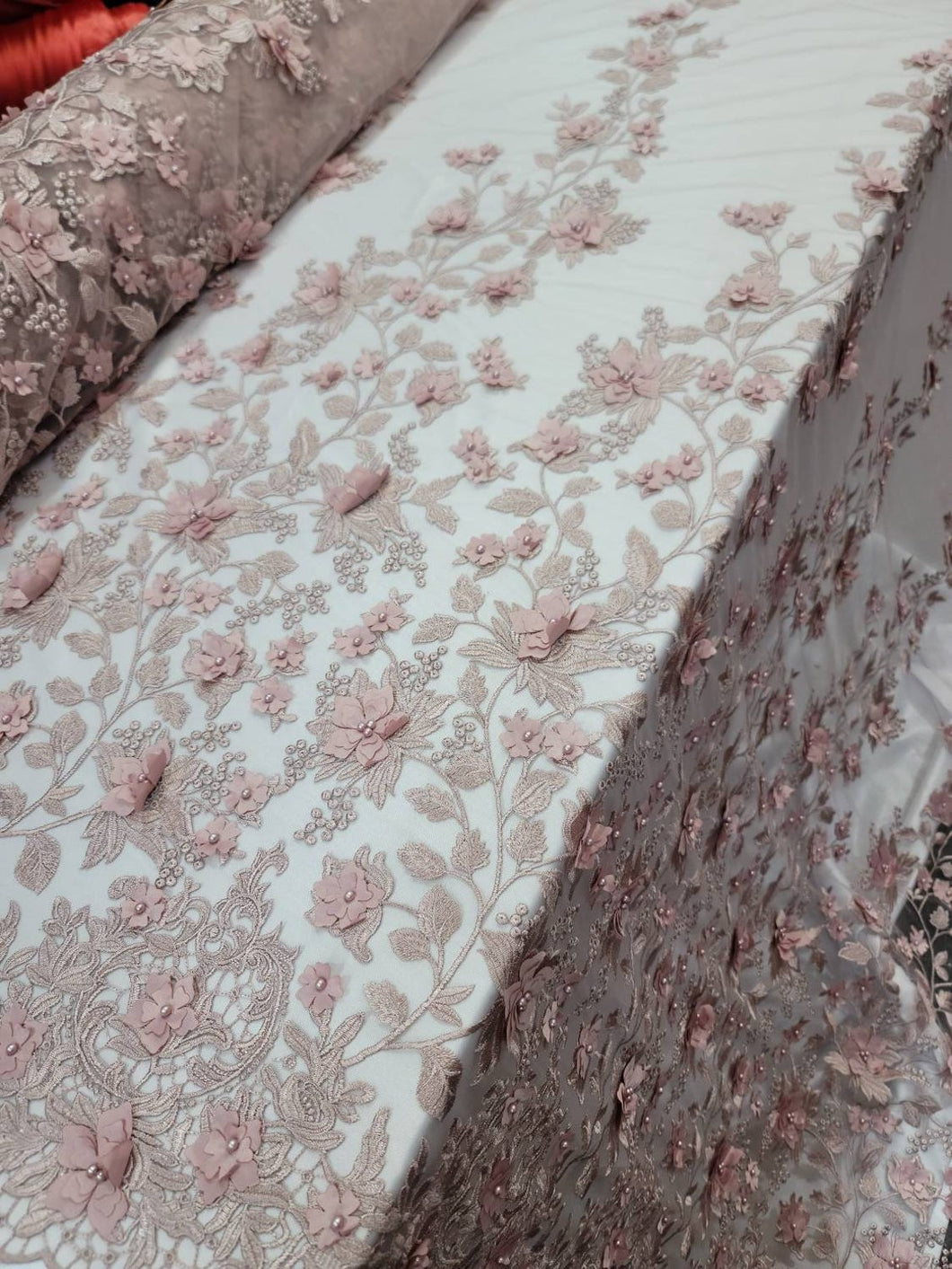 Fabric Sold By The Yard Dusty Rose Beaded Lace 3d Floral Flowers Embroidery On Mesh Bridal Evening Dress Quinceañera Gown Prom Fashion Lace