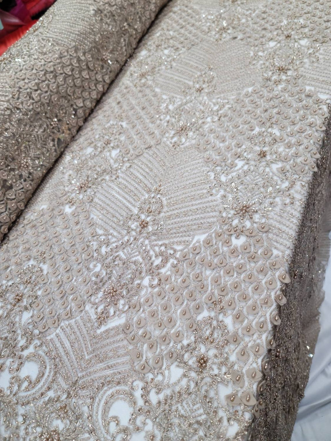 Fabric Sold By The Yard Champagne Beaded Lace 3d Floral Flowers Fashion Dress Bridal Evening Gown Prom