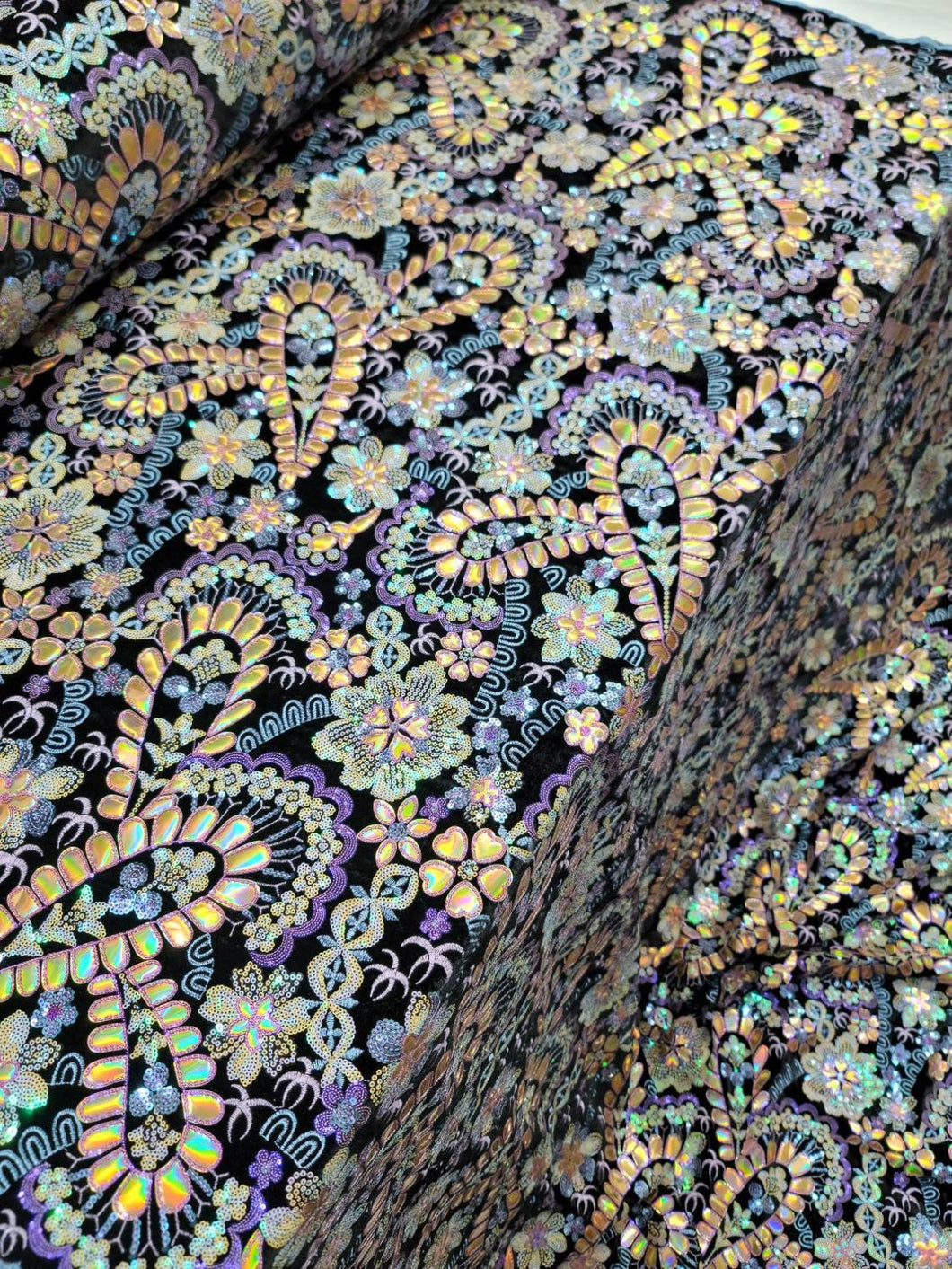 Fabric Sold By The Yard Gold Lace Iridescent Sequin Multicolor Lavender Floral Flowers Embroidery On Black Velvet Fashion Dress Prom Gown