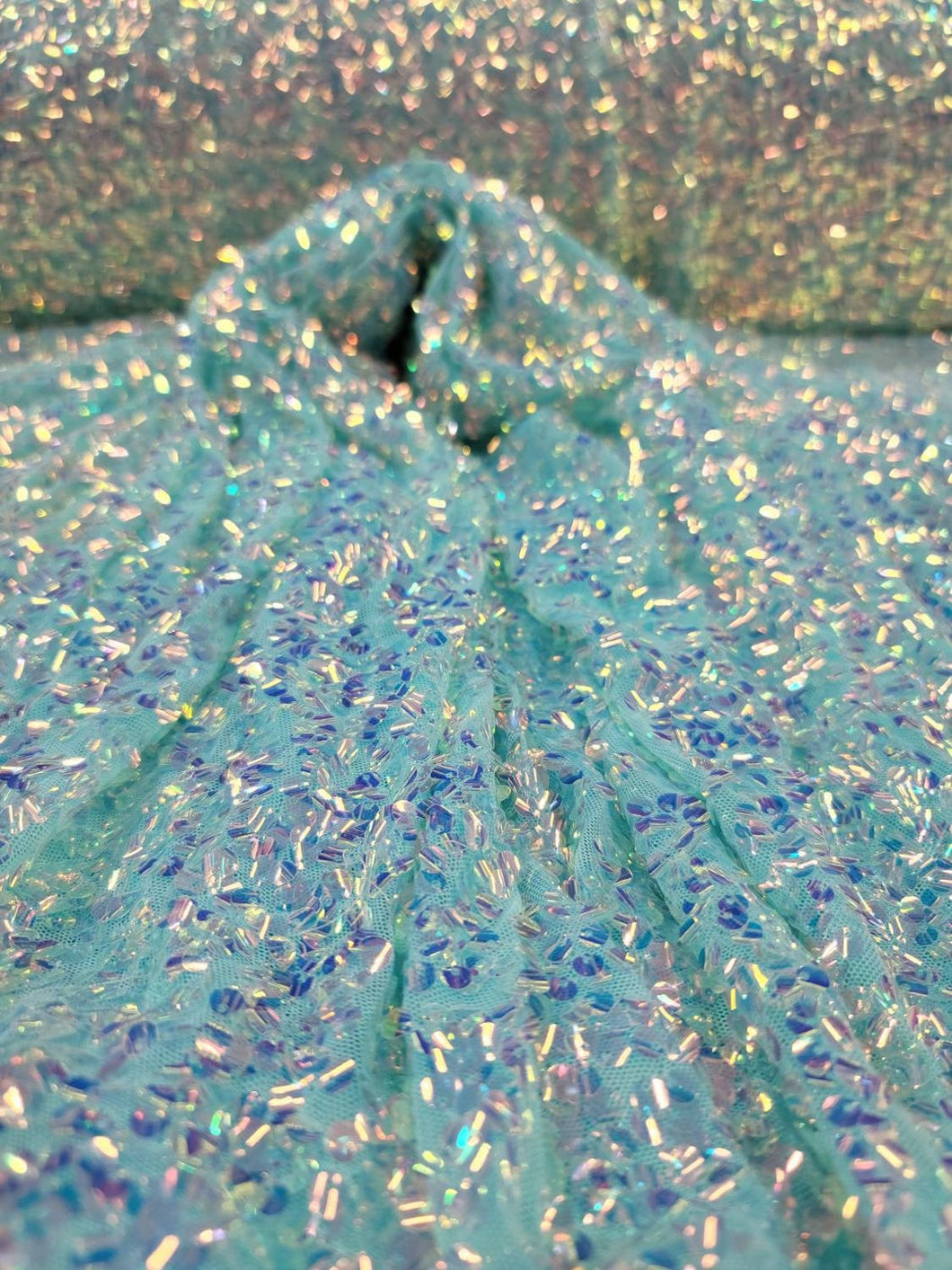 Fabric Sold By The Yard Mint Sequin Iridescent Embroidery On Stretch Mesh Clothing Dress Bridal Evening Gown Prom Quinceañera Party
