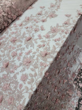 Load image into Gallery viewer, Fabric Sold By The Yard Dusty Rose Beaded Lace 3d Floral Flowers Embroidery On Mesh Bridal Evening Dress Quinceañera Gown Prom Fashion Lace
