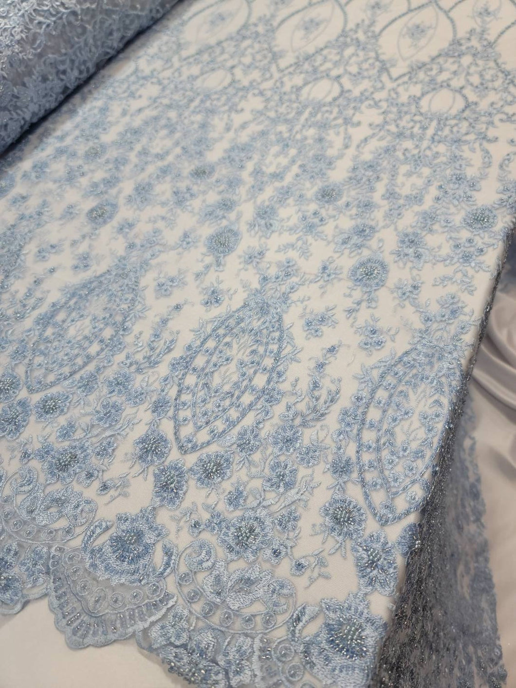 Fabric Sold By The Yard Sky Blue Beaded Lace Embroidery Floral Flowers Sequin On Mesh Prom Evening Dress Bridal Sweet Sixteen Quinceañera
