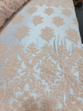 Load image into Gallery viewer, Fabric Sold By The Yard Blush Beaded Lace Floral Flowers Embroidery Scalloped Bridal Evening Dress Quinceañera Gown Prom Fashion Lace
