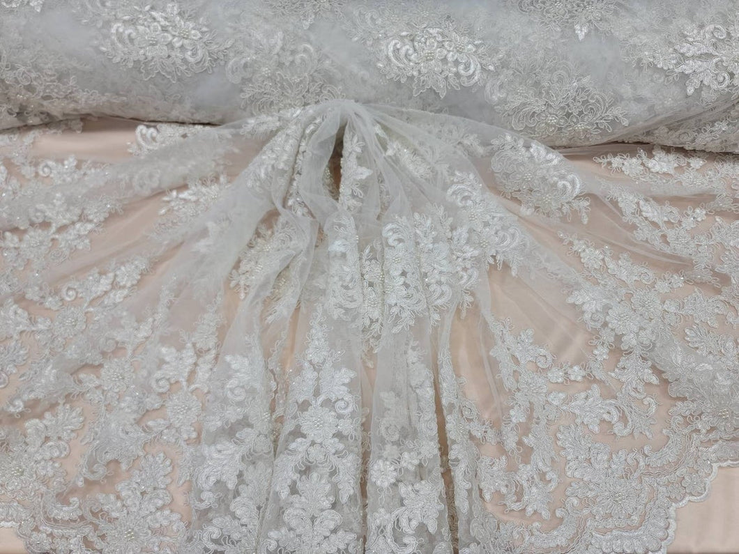 Fabric Sold By The Yard Off White Bridal Beaded Lace Embroidery Floral Flowers Sequin On Mesh Scalloped Wedding Dress Bridal Evening Gown