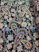 Load image into Gallery viewer, Fabric Sold By The Yard Black Lace Embroidery Pink Iridescent Floral Flowers Sequin Stretch Velvet Fashion New Fabric Dress Draping Clothing
