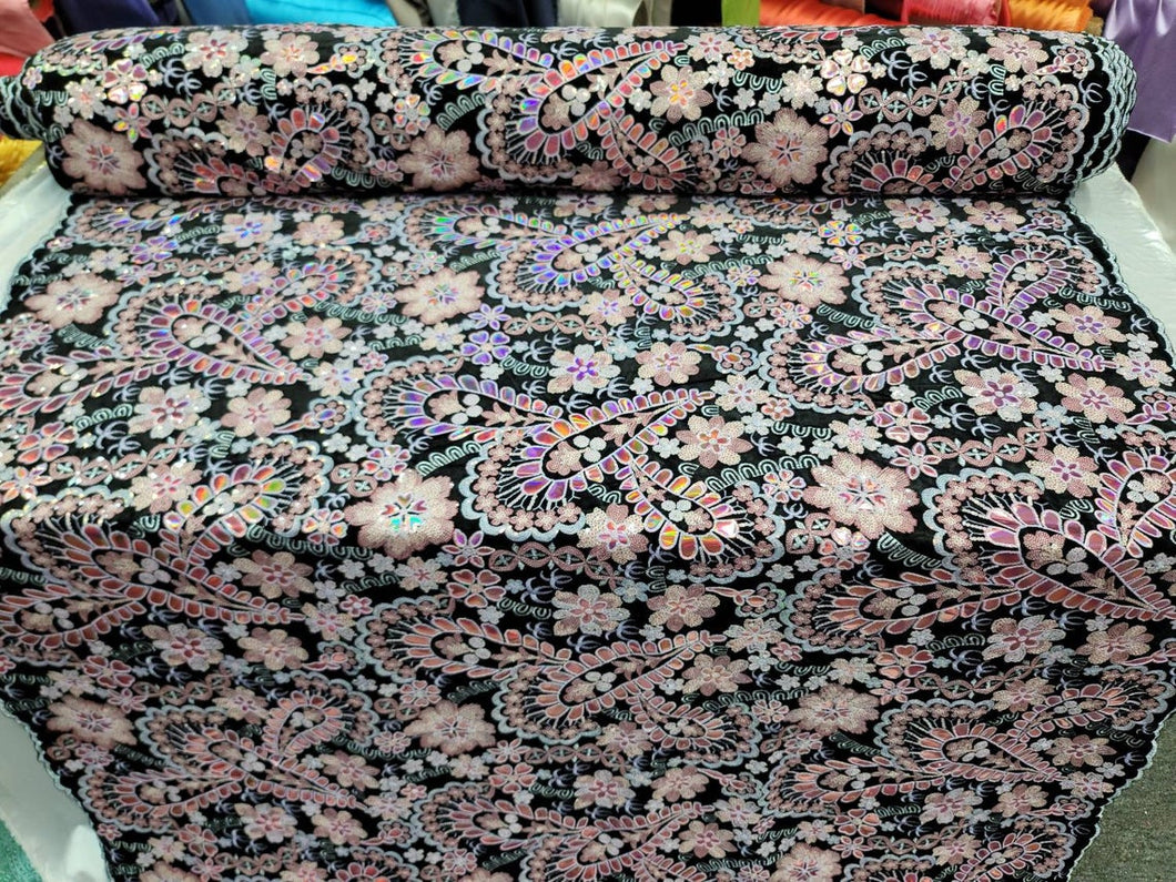 Fabric Sold By The Yard Black Lace Embroidery Pink Iridescent Floral Flowers Sequin Stretch Velvet Fashion New Fabric Dress Draping Clothing