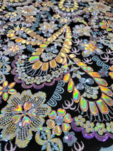Load image into Gallery viewer, Fabric Sold By The Yard Gold Lace Iridescent Sequin Multicolor Lavender Floral Flowers Embroidery On Black Velvet Fashion Dress Prom Gown
