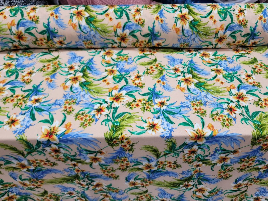 Fabric Sold By The Yard Rayon Challis Textured Floral Flowers Tropical Hawaiian Print Turquoise Green Yellow Summer Dress Clothing Kimono
