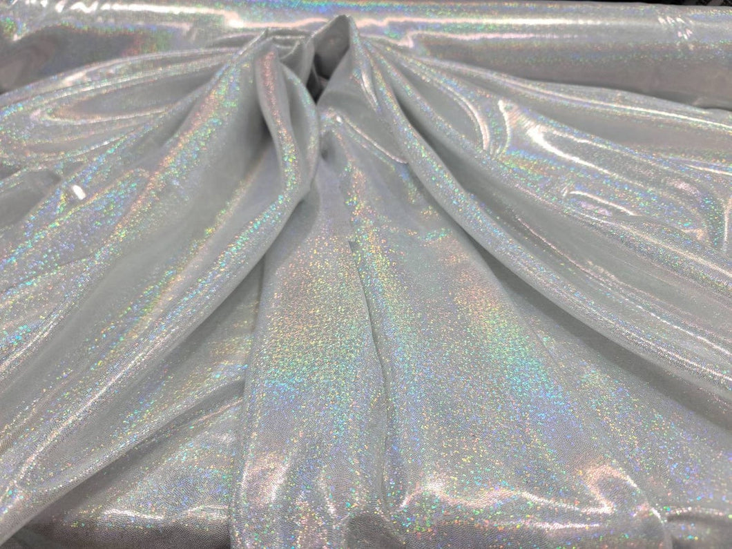 Fabric Sold By The Yard Silver Sparkly Iridescent Hologram Polyester Spandex Dress Clothing Draping Party Fashion