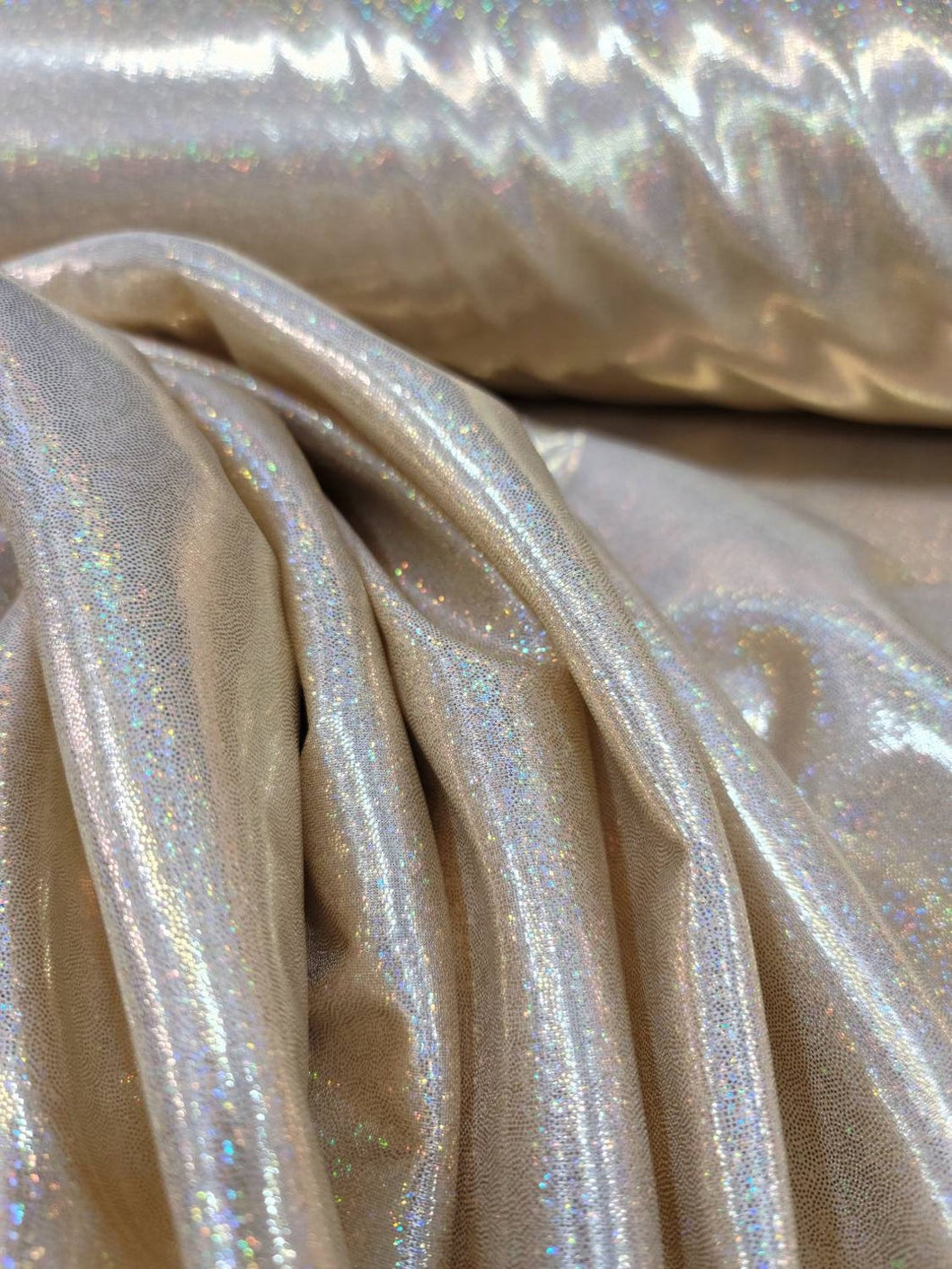 Fabric Sold By The Yard Gold Iridescent Hologram Polyester Spandex Dress Draping Clothing Decoration Custom Dancer