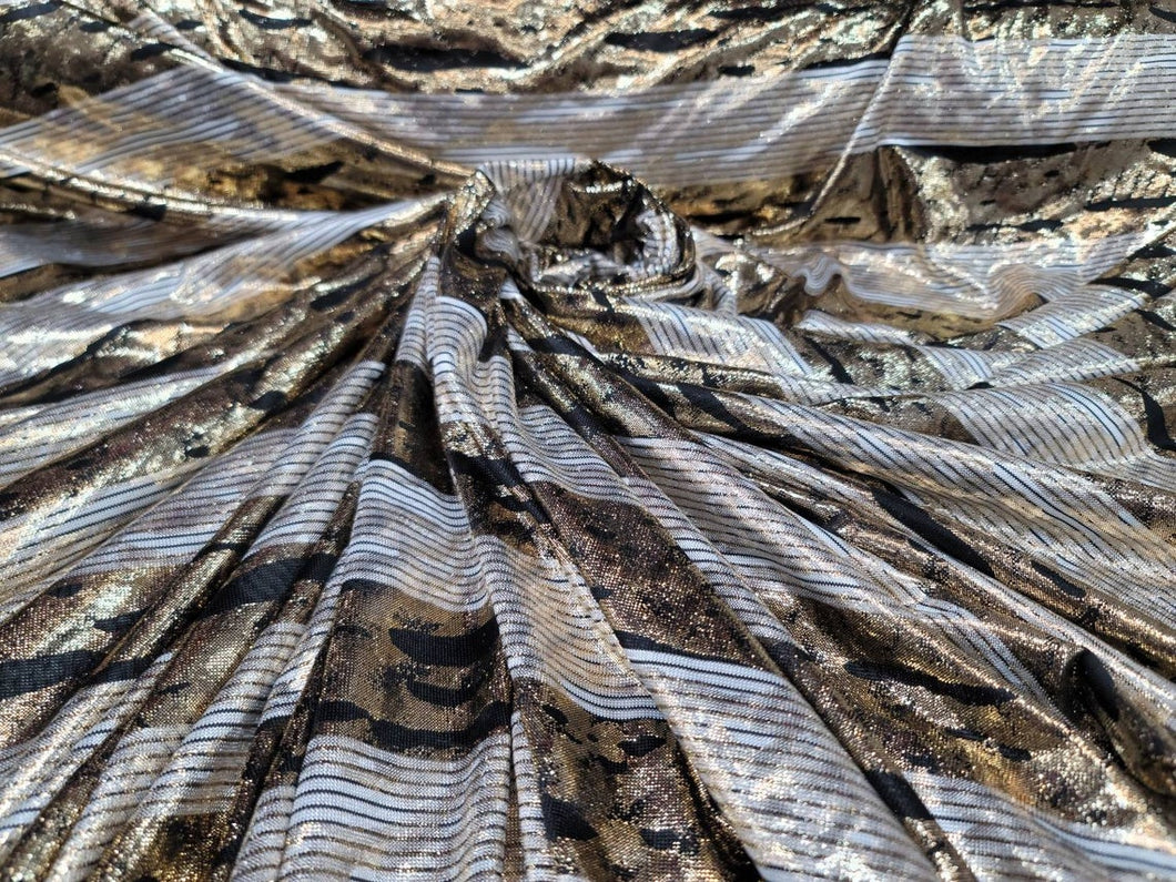 Fabric Sold By The Yard Gold Metallic Spandex Striped Black And Off White Sheer Fashion Dress Draping Clothing Decoration Background