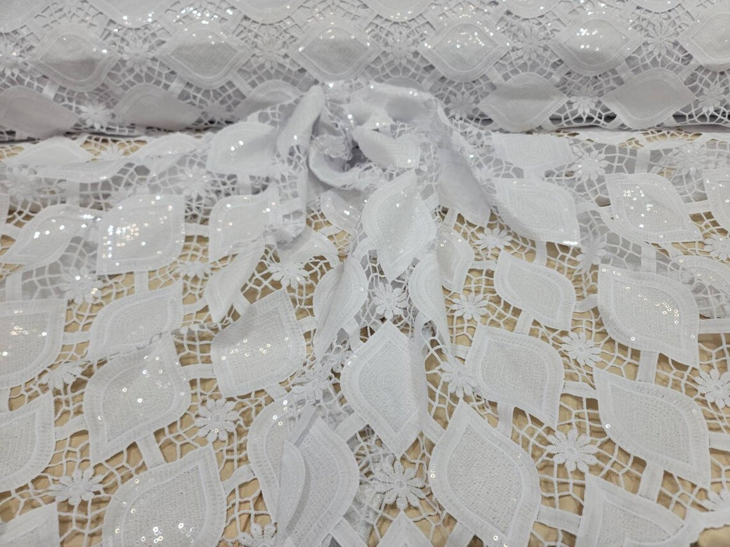 Fabric Sold By The Yard White Bridal Lace Embroidery Guipure Lace Geometric Floral Pattern Clear Sequin Wedding Dress Tela Para Costura