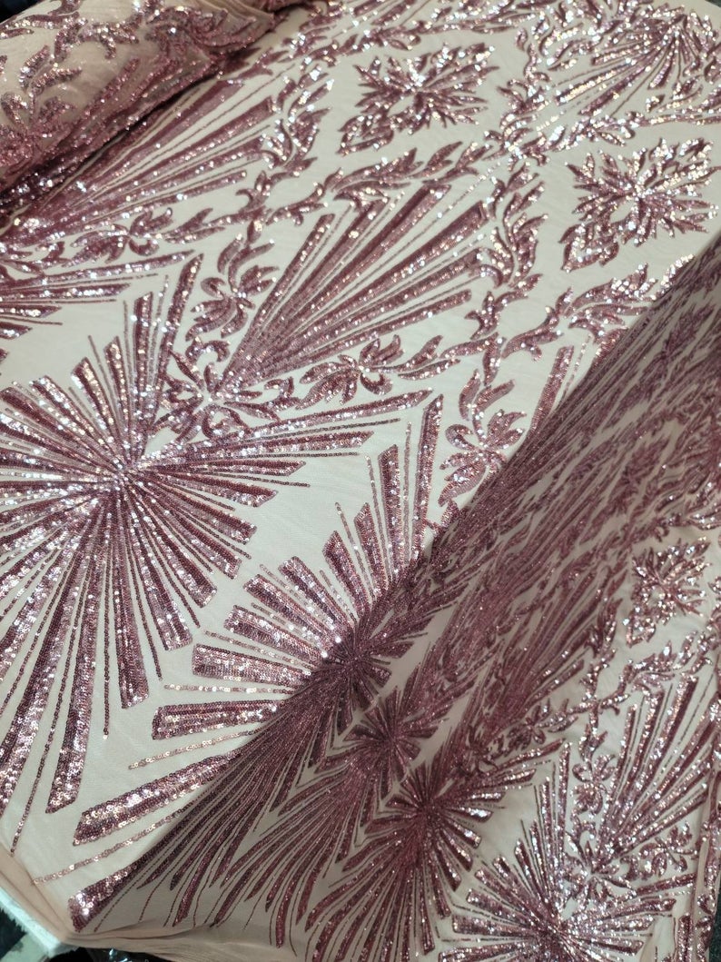 Dusty Rose Embroidery Sequin Lace Stretch Mesh Fabric Sold By The Yard Gown Prom Bridal Drees Quinceañera Imperial Pattern Geometric Pattern