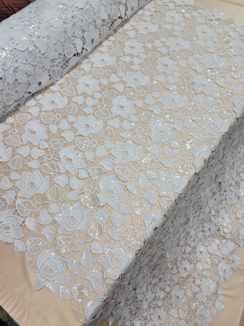 Fabric Sold By The Yard Snow White Lace Roses Embroidery Floral Flowers Guipure Fabric Prom Gown Bridal Evening Dress Wedding Sequin