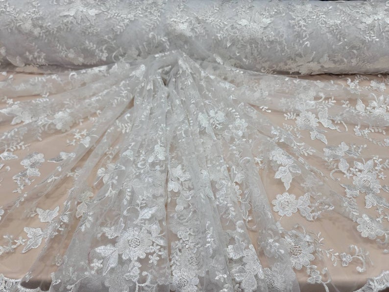 Fabric Sold By The Yard White Bridal Lace Embroidery Floral Flowers On Mesh Scalloped Wedding Baptism Ceremony Telas Para Costura