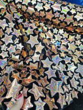 Load image into Gallery viewer, Fabric Sold By The Yard Rose Gold Iridescent Sparkly Stars Sequin On Black Velvet Stretch Fashion Dress Clothing Draping Decoration Party
