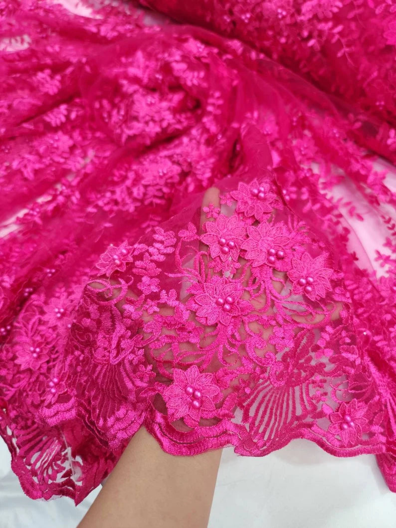 Pink beaded floral lace fabric - 3D lace & embroidery - lace