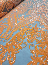 Load image into Gallery viewer, Fabric Sold By The Yard Orange Sequin Lace Stretch Brown Mesh Fabric For Dress Prom Bridal Evening Gown Prom Vintage Victorian Pattern
