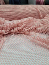 Load image into Gallery viewer, Pink Blush Stretch Fish Net Fabric Shine Metallic Silver Mylar Sold by the Yard
