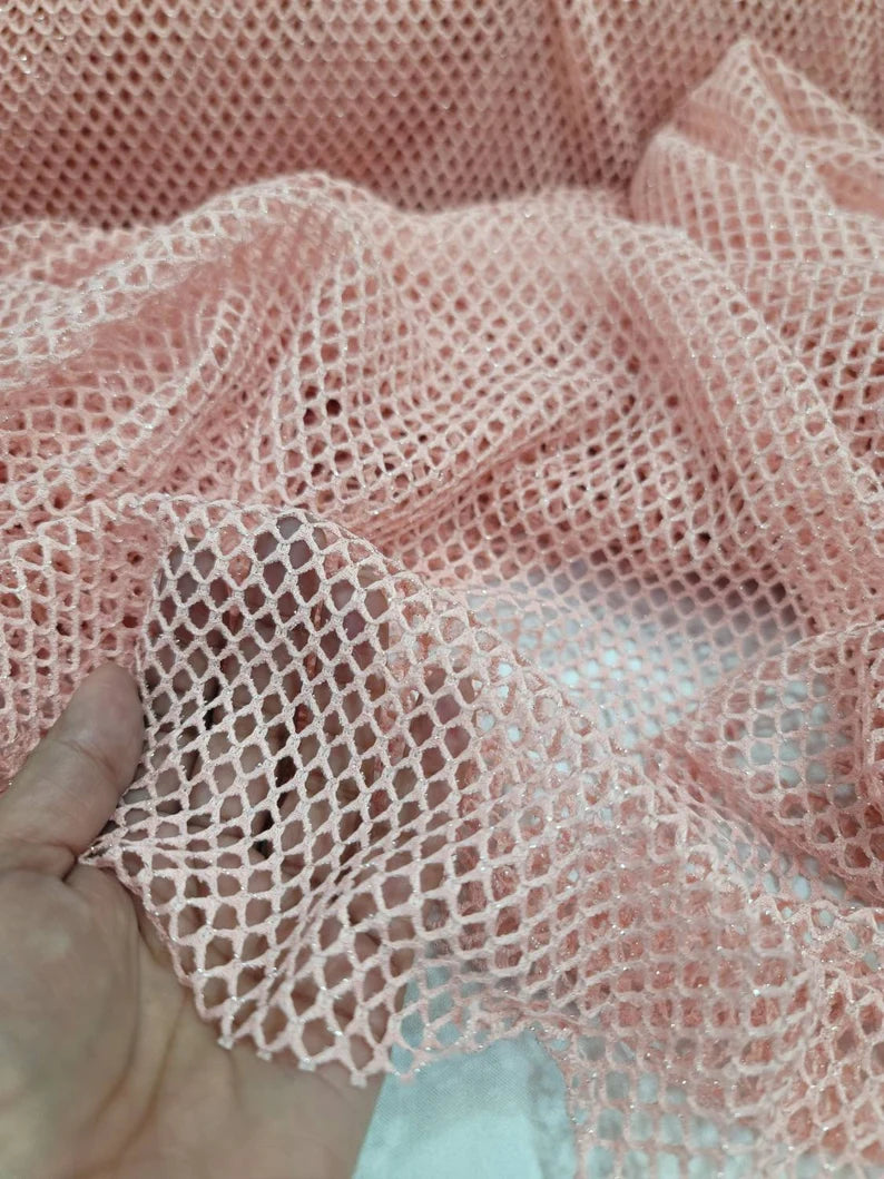 Pink Blush Stretch Fish Net Fabric Shine Metallic Silver Mylar Sold by the Yard