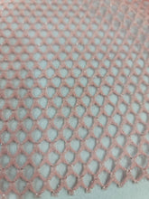 Load image into Gallery viewer, Pink Blush Stretch Fish Net Fabric Shine Metallic Silver Mylar Sold by the Yard

