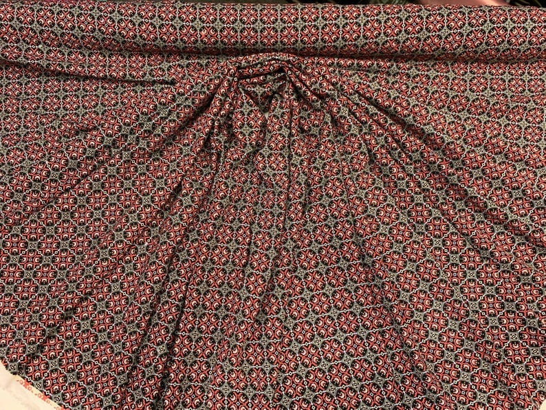 Rayon Challis Asian Inspired Print Fabric by the Yard 58 Inches Wide red black geometric soft flowy organic kids dress draping clothing