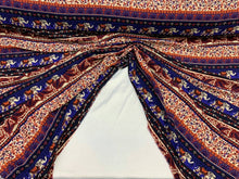 Load image into Gallery viewer, Rayon challis with elephant Indian inspiration royal blue orange multicolor 58-60&quot; W organic fabric sold by the yard soft flowy fabric
