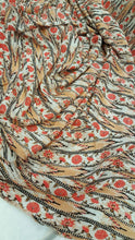 Load image into Gallery viewer, Rayon challis coral peach floral flowers black and off white fabric sold by the yard small flowers draping decoration clothing dress flowy
