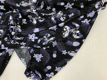 Load image into Gallery viewer, Rayon challis sold by the yard blue and black floral flowers hawaiian Super Hero soft flowy fabric kids dress draping clothing organic
