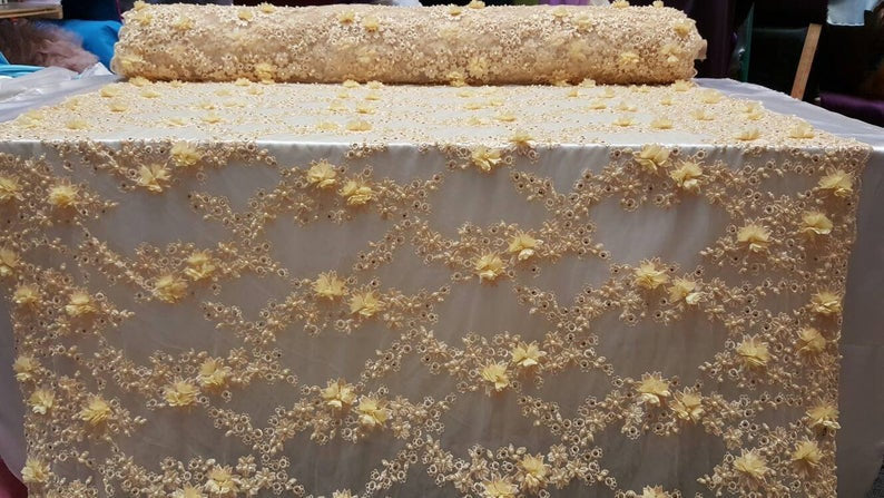Fabric By The Yard Yellow Lace 3d Chiffon Floral Flowers on Mesh Rinesthone Embroidery Quinceañera Dress Bridal Evening Gown Prom Sweet 16