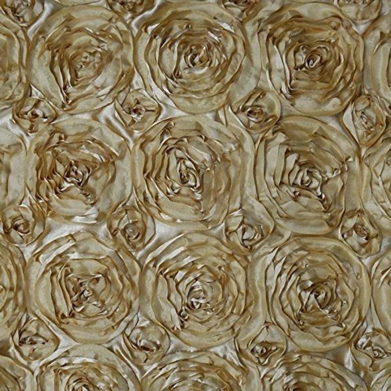 Gold Rosette Satin Fabric – Sold by the Yard Floral Flowers Decoration Draping Table Cloths Clothing