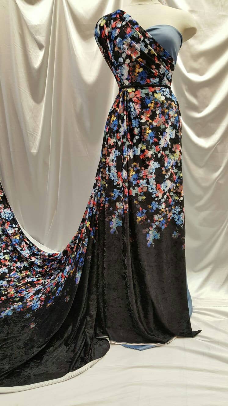 Fabric Sold by The Yard Multicolor Velvet Floral Flowers on Black Stretch Velvet Soft Fashion Velvet Evening Dress Bridal Clothing Blue Cora