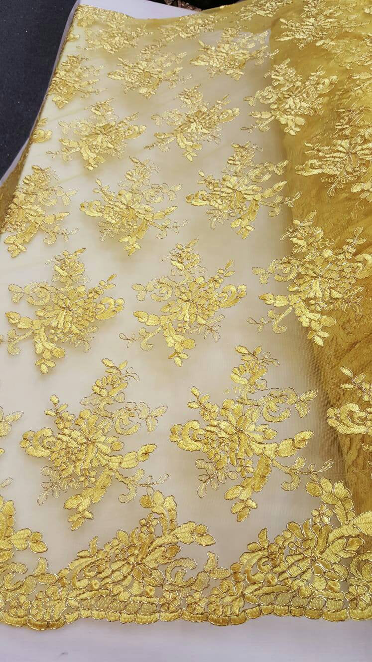 Fabric By The Yard Yellow Lace Embroidery Floral Flowers Silver Cord Double Scallops Prom Evening Bridal Dress Quinceañera Gown Fashion Lace