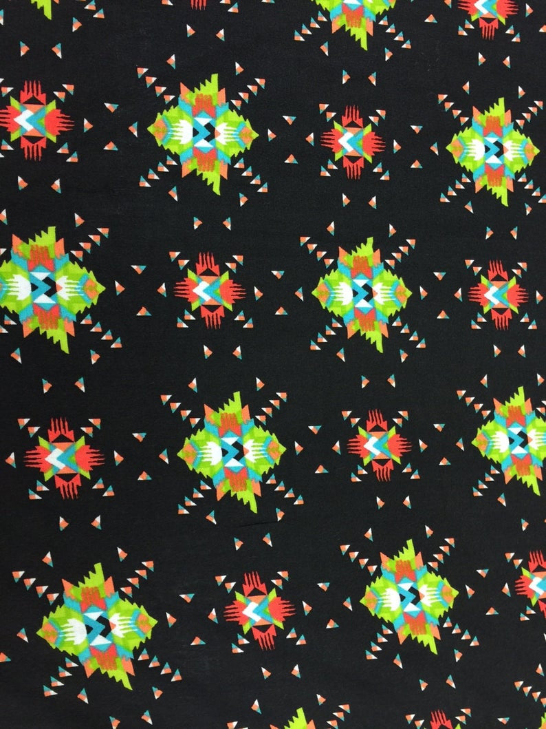 Rayon Challis Black Native American Inspired Print. Fabric Sold By The Yard  Black Green Orange Soft Flowy Organic Clothing Dress