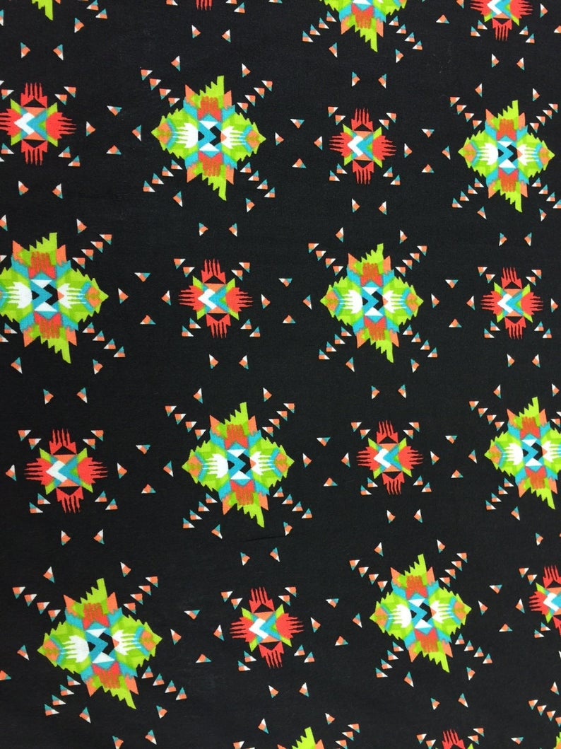 Rayon Challis Black Native American Inspired Print. Fabric Sold By The Yard Black Green Orange Soft Flowy Organic Clothing Dress