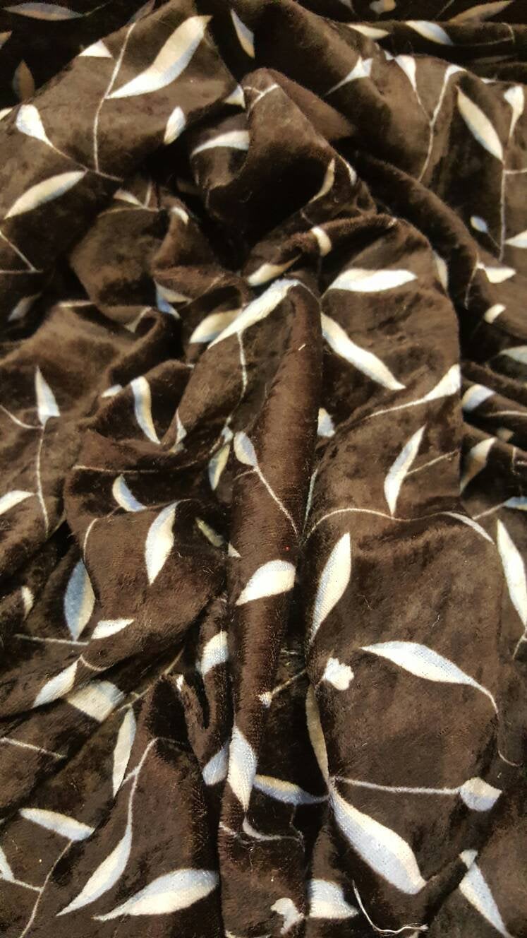 Fabric Sold by The Yard Brown Velvet Luxury Vintage New Fashion Fabric Sky Blue White Leaves Stretch Velvet Soft