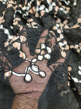 Load image into Gallery viewer, Fabric Sold By The Yard Black Embroidery Lace 3d Beige Creme Floral Flowers On Textured Mesh Dress Draping Clothing Leaves Embroidery
