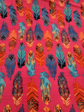 Load image into Gallery viewer, Fabric Sold By The Yard Multicolor Feathers On Stretch Hot Pink Rayon Spandex Blue Orange Feathers Soft Dress Clothing Draping
